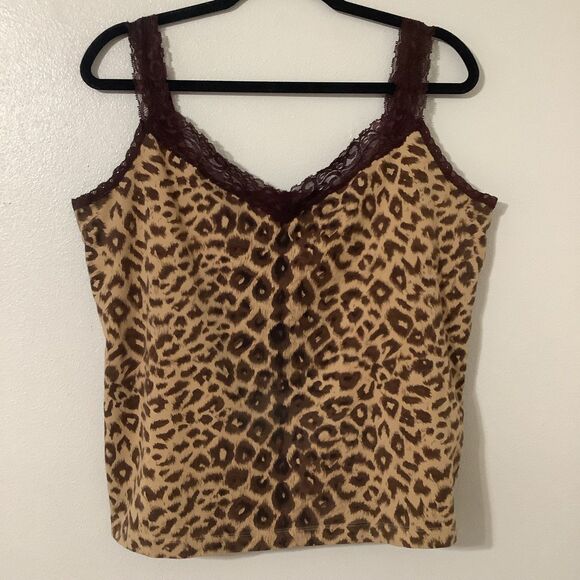 Vintage Y2K Tan Cheetah Animal Print McBling Bohemian Boho Lace Camisole L - Picture 1 of 9